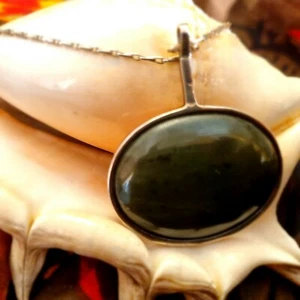 Halskette 70er Jugendstil massiv Silber Kette und Anhänger Jade Designer Handwerker  - Bild 1 von 9