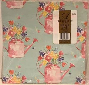 New Vintage Gift Wrap Paper Flowers Watering Can Pastel Colors Green USA - Picture 1 of 2