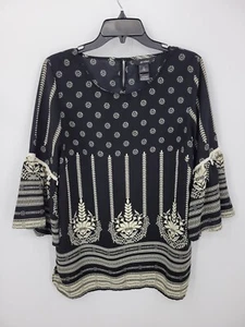 Ali Miles Top Damen Medium Schwarz Elfenbein Boho Print Glockenärmel Kunst Popover - Bild 1 von 9