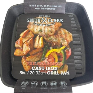 Smith Clark Iron Works Pre-Seasoned Cast Iron Grill Pan 8" Oven, Stovetop, Flame - Picture 1 of 11