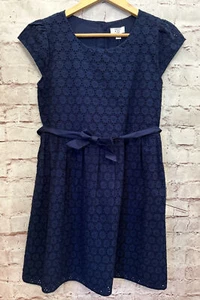 Crown & Ivy Kids Girls Dress Navy Blue Fit & Flare Eyelet Tie Waist Bow Size 16 - Picture 1 of 4