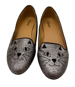 Silver Glitter Cat Face Women's Size 11 Flat Slip On Shoes Paprika Modcloth - Picture 1 of 11