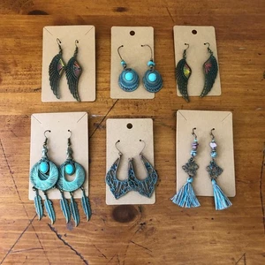Set of 6 Boho Vintage Style Dangle Earrings Set Feathers Tassels Turquoise NWOT - Picture 1 of 19
