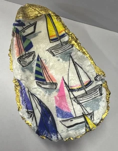 Oyster Shell Trinket Dish Nautical Inspired Handmade Sailboats - Picture 1 of 4
