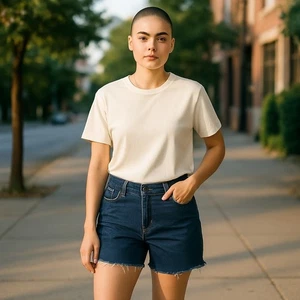 Levi's Women's Denim Shorts Dark Wash Blue Size 14 Raw Hem Stretch - Picture 1 of 10
