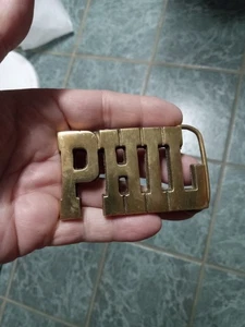 Vintage PHIL Name Cut Out Block Letters Solid Brass Belt Buckle - Picture 1 of 2