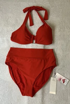Calia Women’s Med Red Swimwear -  Halter Bikini Top and Wide Banded HR Bottoms - Image 1 of 4