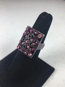 Vintage Elegant Cocktail Silver Squared Ring Size 6.25 Purple Pink Rhinestones - Picture 1 of 15