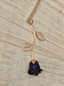 Sapphire Blue Enameled Rose Flower Pendant Necklace 14k Gold Plated Coquette 18” - Picture 1 of 10