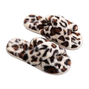 Women Fashion crossed Fluffy slippers Open Toe, BEIGE LEOPARD, Size 5.5/6.5 - Picture 1 of 4