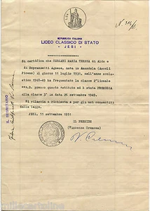 JESI, LICEO CLASSICO DI STATO, CERTIFICATO CARTA BOLLO L.24, 1951       m - Picture 1 of 1