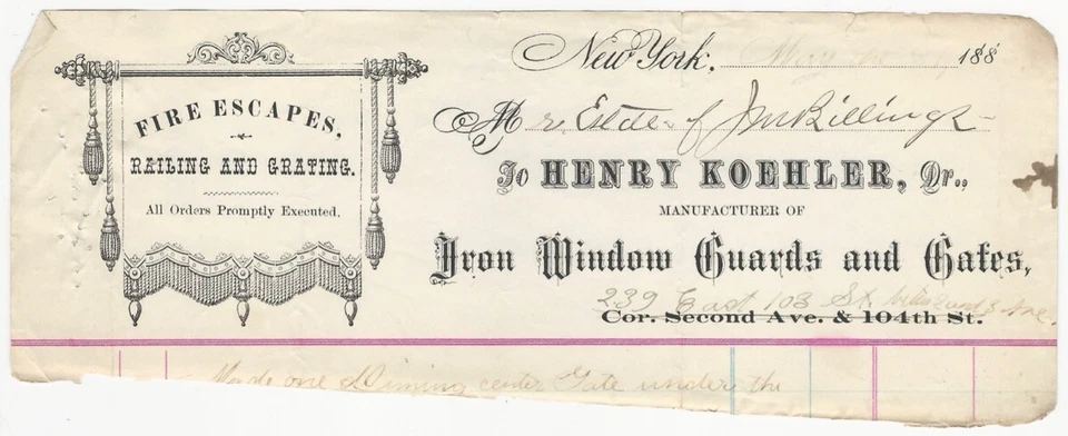 Puerta de ventana de hierro barandillas y escapes de incendios fabricante de 1880 Billhead ciudad de Nueva York Foto 1 de 1