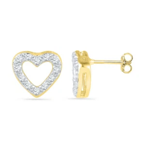 10K Yellow Gold Womens Round Diamond Heart Earrings 1/8 Cttw - Picture 1 of 2