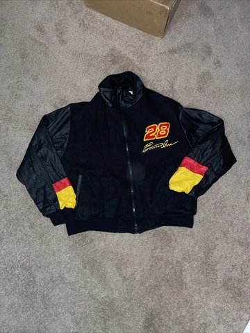 Ernie Irvan #28 Nascar TSI sportswear Black Red Yellow Embroidered Jacket Sz L Cover