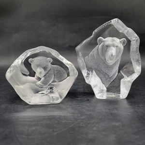Mats Jonasson Set of 2 Paperweights Bear and Bear Cub Signed Crystal Sweden - Picture 1 of 9