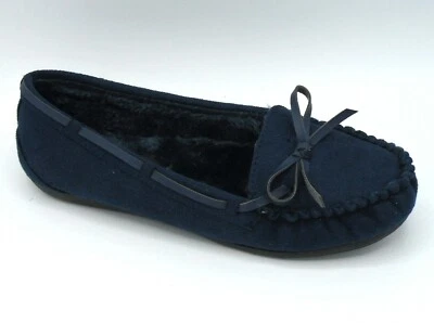 Nuevo mocasín de piel sintética azul marino con acento de moño para mujer Foto 1 de 3