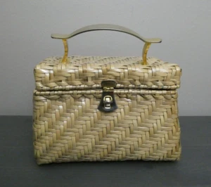 Bolso de Mano de Colección Lesco Lona Tejido Mimbre Vinilo Cartera Turn Lock Hong Kong - Imagen 1 de 12