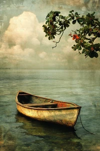 A Canoe In Lake Painting Wall Art Print Picture Printed On Canvas Artprint - Picture 1 of 1