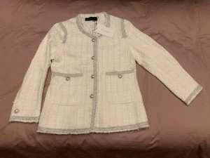 New ZARA Tweed Boucle White Cream Blazer Jacket Silver Trim Pearl Buttons UK S - Picture 1 of 10