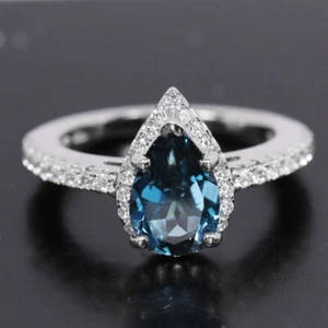 925 STERLING SILVER NATURAL AAA LONDON BLUE TOPAZ PEAR & WHITE CZ RING SIZE 7 - Picture 1 of 6