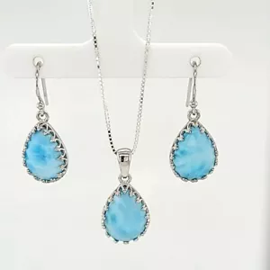 Set Collana Orecchini Larimar 10X14 Forma di Pera 100% Naturali. Argento Sterling 925 - Foto 1 di 4