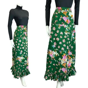 DE COLECCIÓN AÑOS 60 70 VERDE ROSA NARANJA BLANCO FLOR DE ROSA FLORAL VOLANTES MAXI FALDA 14 16 - Imagen 1 de 9