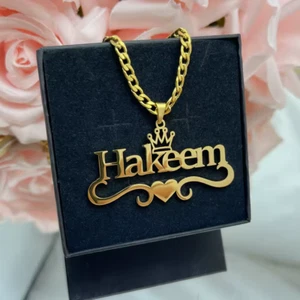 Custom Name Cuban Chain Necklace Pendant Charm Jewelry Crown Heart Gold Silver - Picture 1 of 5