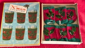 Novelty 6 Vintage MCM Christmas Coasters Red & Green w Holly Original Box - Picture 1 of 4