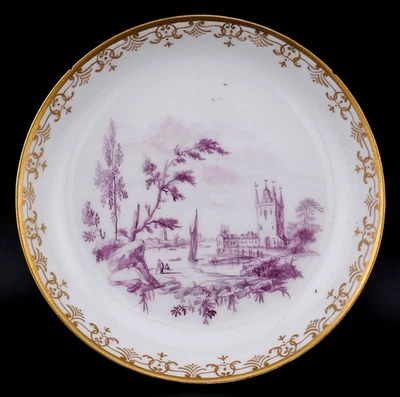 c1760 ANTIQUE CHELSEA PORCELAIN PAINTED PUCE SAUCER PLATE DISH, GOLD ANCHOR MARK - Image 1 of 4