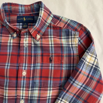 RALPH LAUREN 男孩红色/蓝色格子纽扣长袖衬衫带盒 7 码 — 第 1/4 张图片