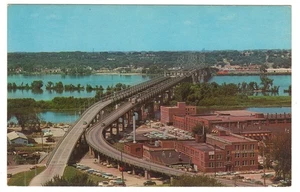 Iowa Illinois Twin Suspension Bridge Postcard Bettendorf Moline - Picture 1 of 2