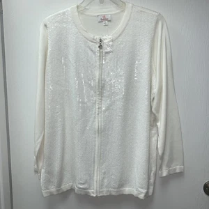 Quacker Factory Glam Cardigan Womens Size 1X White Snowflake Sequin Full Zip - Picture 1 of 6