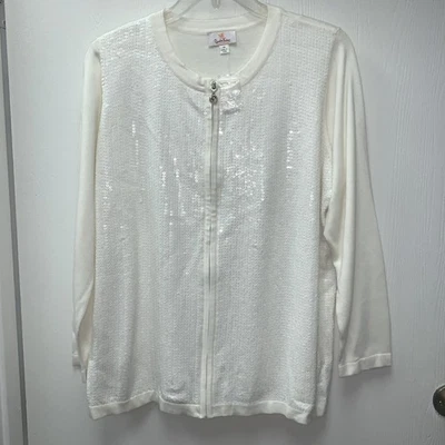Quacker Factory Glam Cardigan Womens Size 1X White Snowflake Sequin Full Zip - Image 1 of 4
