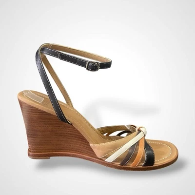 蔻驰 Trista 皮革绑带楔形凉鞋女式鞋 8B 码棕褐色三色波西米亚 — 第 1/4 张图片