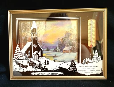 Vtg Advertising Reverse Paint Thermometer Church n Snow 1953 Calendar Lenox Iowa - Image 1 of 3