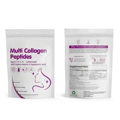 Paquete de 2 péptidos de colágeno múltiple en polvo-proteína hidrolizada (tipo l, ll, ll, V, X) 1 lb Foto 1 de 4