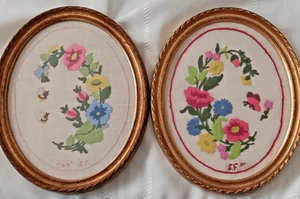 2 Crewel Embroidery Art Vining Wildflowers in Oval Frames VTG MCM Granny core - Picture 1 of 16