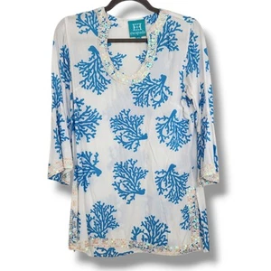 Escapada White Turquoise Tunic Dress Beaded Sequin Coastal Boho XS Coral Print - Picture 1 of 10
