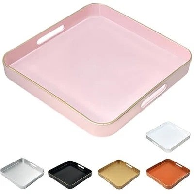 Serving Tray with Gold Trimming, Square Decorative Serving Trays Square Pink - Image 1 of 4