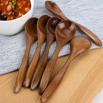 6Pcs Wooden Spoons Natural Grain Soup Spoon Salt Sugar Dining Spoons 5.5" Brown - Image 1 of 4