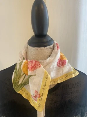 Vintage NINA RICCI 100% Seda Bufanda Beige Marrón Rosa Floral Tulipán Margarita Patrón Foto 1 de 4