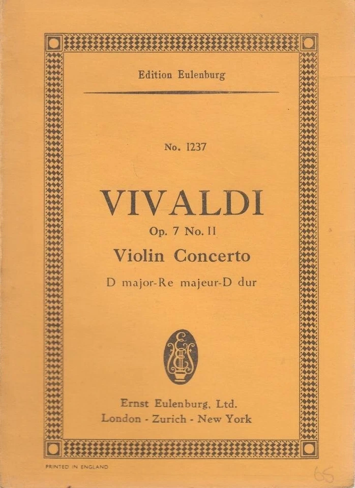 Antonio Vivaldi Violin Concerto Op. 7 No. 11 in D Major Edition Eulenburg Score - Image 1 of 1