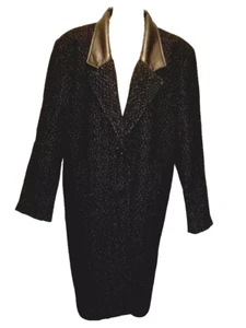 Vtg David Benjamin Collection Black Speckled Wool Black Leather Collar Coat 12 - Picture 1 of 13