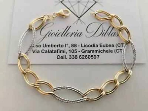 18K YELLOW WHITE GOLD BRACELET ALTERNATE OVALS CIRCLES RHOMBUS, 19cm, 7.5 INCHES - Picture 1 of 8