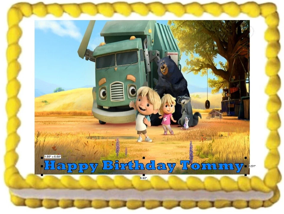 Camión de basura dibujos animados imagen de cumpleaños comestible adorno de pastel hoja de glaseado Foto 1 de 1