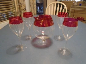 Unknown Maker Cut Glass Wine Set Red Ruby Crystal Depression - Picture 1 of 6