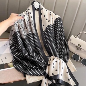Silk Scarf Ladies Women Polka Dot Design Cream Black Hijab Shawl Wrap silk scarf - Picture 1 of 4