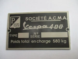 Type Plate Vespacar Plate Vespa 400 ACMA A.C.M.A. Paris Classic Car S66 Vehicle - Picture 1 of 1