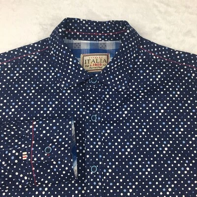 Camisa DE COLECCIÓN ITALIA C. 1958 Para Hombre Grande Azul Estampado de Lunares Borde en Contraste Foto 1 de 4