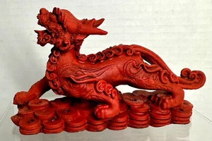 Statua Statua Vintage Cinnabar Laccata Drago Cinese Intagliata a Mano - Foto 1 di 10